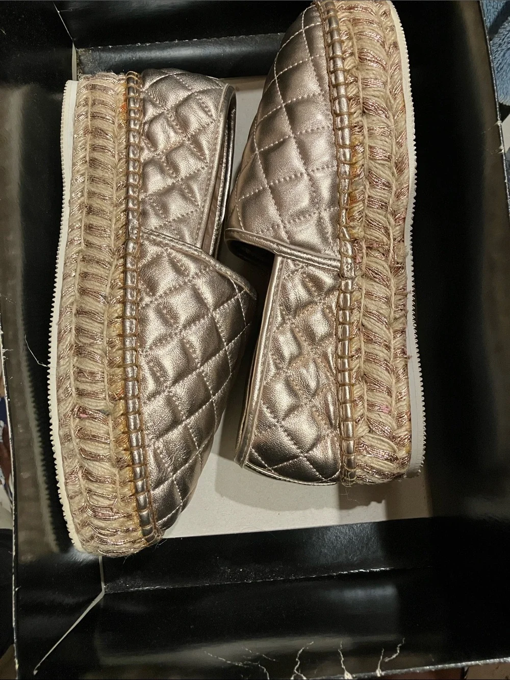 Quilted Metallic Espadrille Slip-Ons in Rose Gold